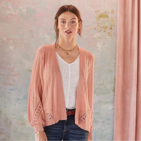 Sundance Angel Wing Pointelle Linen Blend Cardigan Sweater Pink Size Medium - Picture 2 of 11